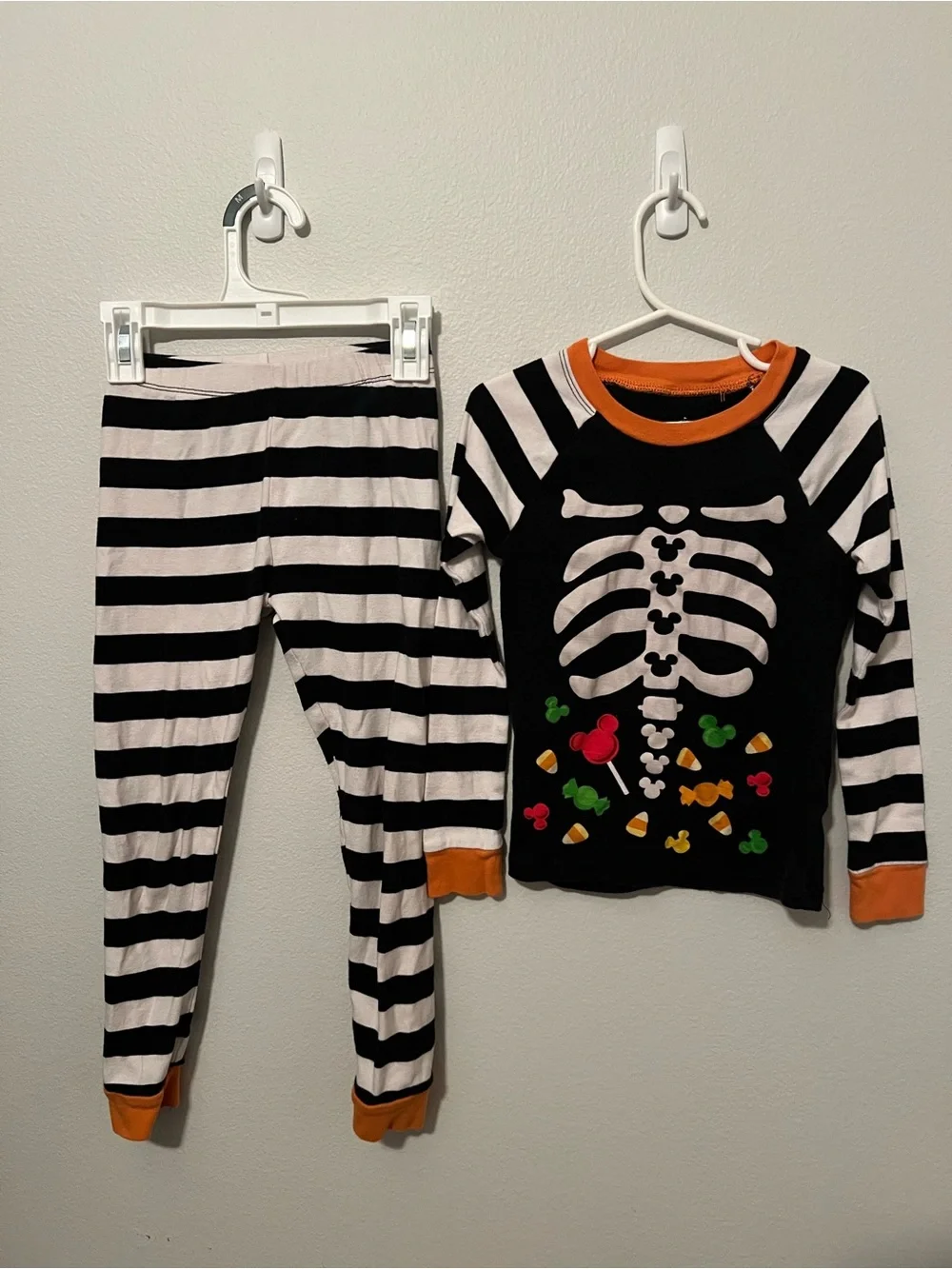 Disney Black & White Striped Skeleton Pajama Set with Orange Trim